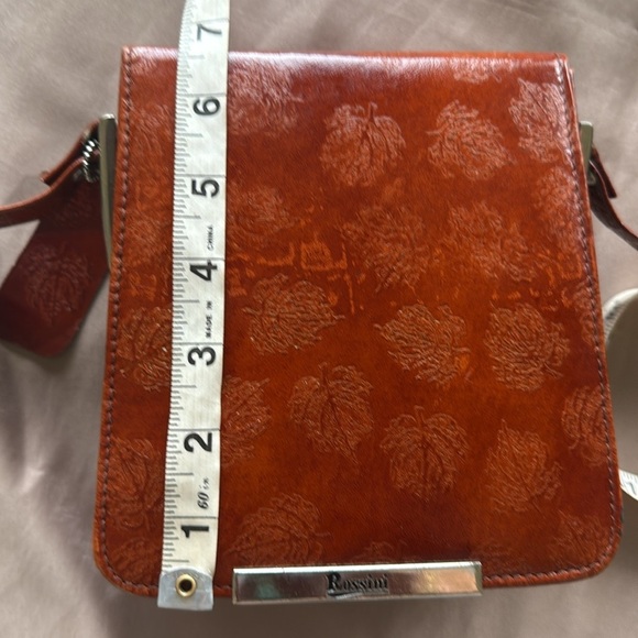 Rossini Rust Brown Embossed Leather Crossbody Bag Adjustable Strap Structured - Picture 8 of 11